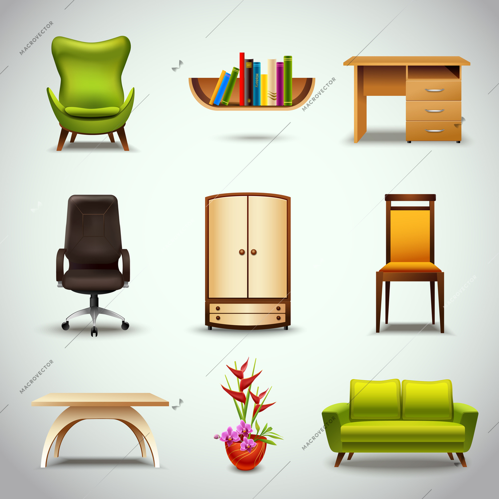 Furniture realistic decorative icons set of chair bookshelf table  isolated vector illustration