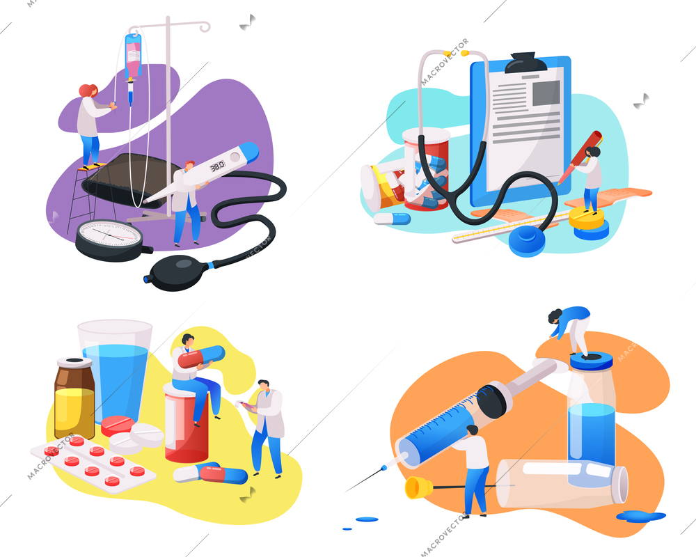 Medical center flat 4x1 set of isolated compositions with human characters of doctors with medical supplies vector illustration