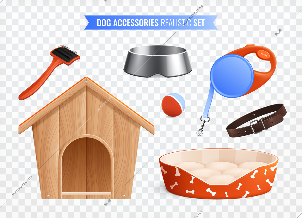 Dog accessories colored set of booth dish ware leash grooming tools collar ball isolated on transparent background realistic vector illustration