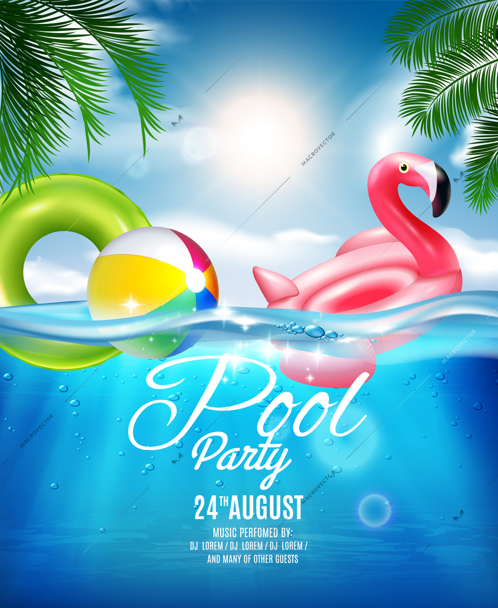Underwater pool party composition realistic background with announcement and editable text with rubber toys and sea vector illustration