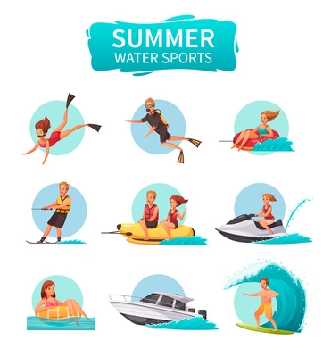 Summer water sports cartoon icons set with people diving sailing skiing surfing isolated on white background vector illustration