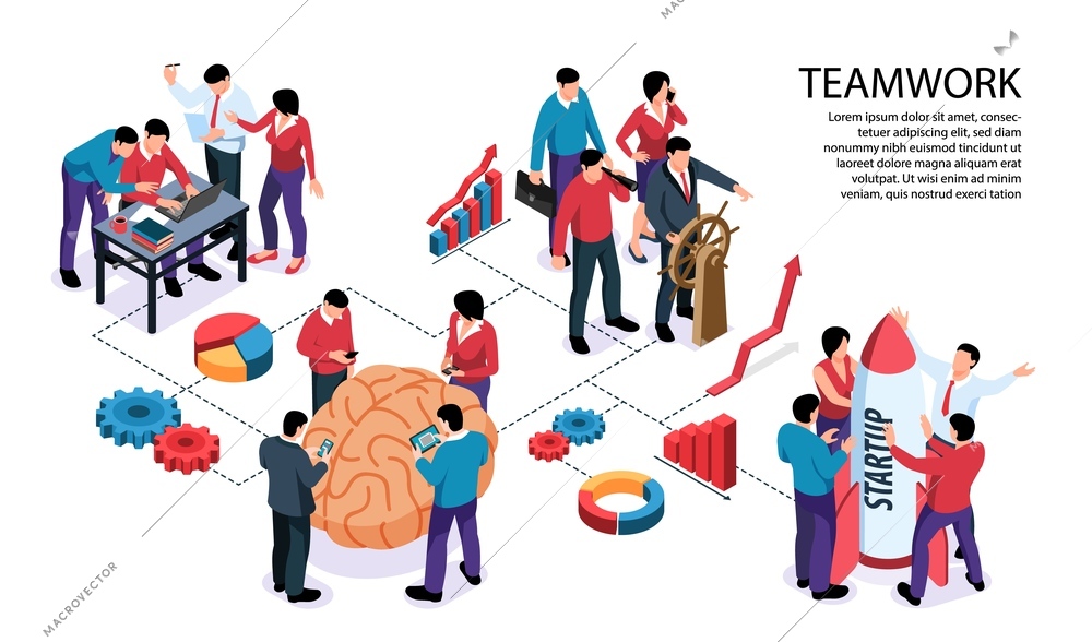 Teamwork concept horizontal infographic flowchart banner with common goal brainstorm collaboration profits growth diagrams startup vector illustration