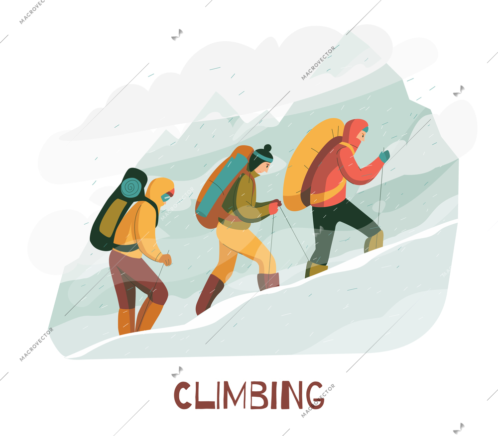 Mountain climbing trip flat composition with mountaineers wearing protective clothing harness backpacks with camping equipment vector illustration