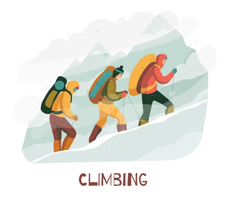 Mountain climbing trip flat composition with mountaineers wearing protective clothing harness backpacks with camping equipment vector illustration