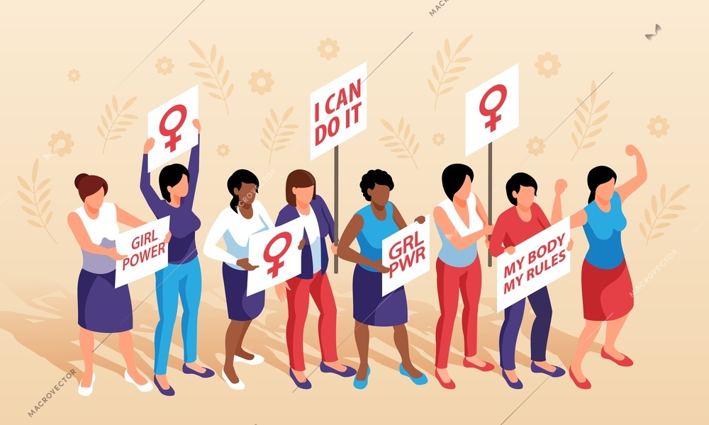 Isometric feminism horizontal composition with group of women holding placards with female gender symbol and text vector illustration