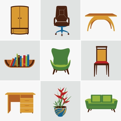 Furniture flat decorative icons set of chair bookshelf table  isolated vector illustration