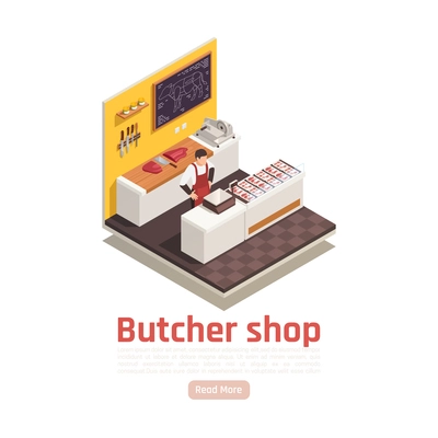Butchers shop interior isometric composition with seller behind counter beef cuts sliced meat trays scale vector illustration