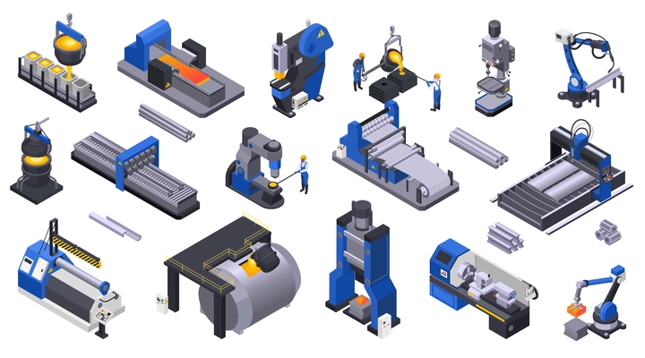 Colored isometric icons set with metal industry  plant machinery and workers 3d isolated vector illustration