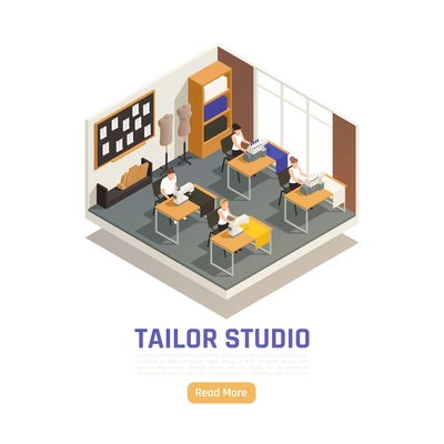 Fashion atelier studio isometric composition with seamstress dressmakers at sewing and locking machines tailors dummy vector illustration