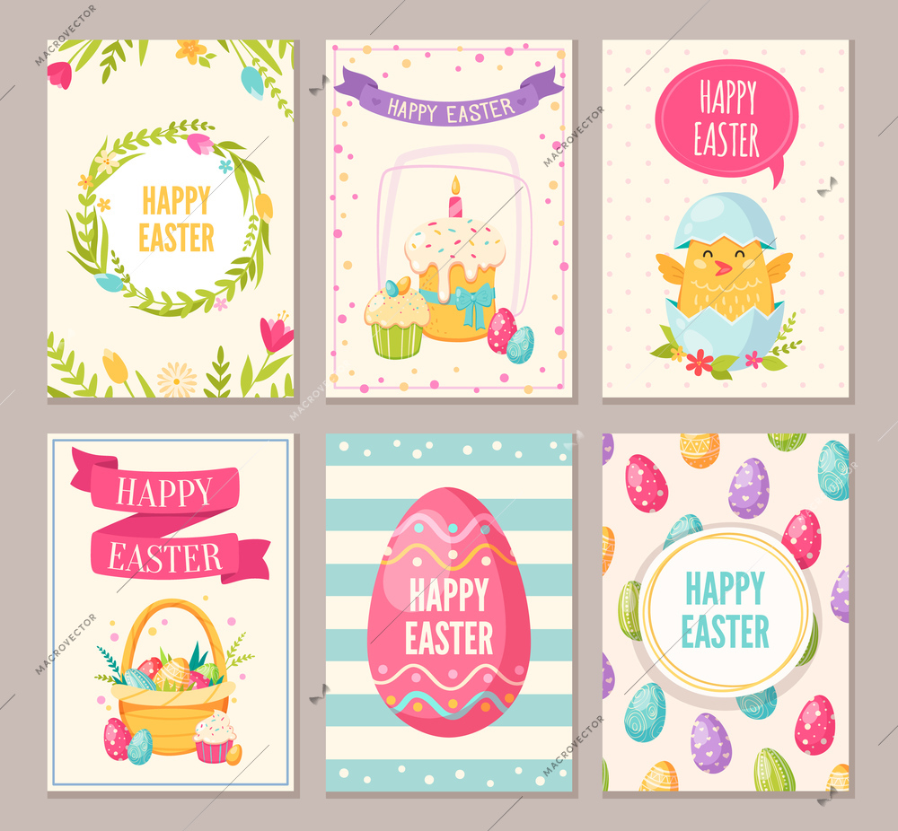 Easter cartoon banners set with happy Easter symbols isolated vector illustration