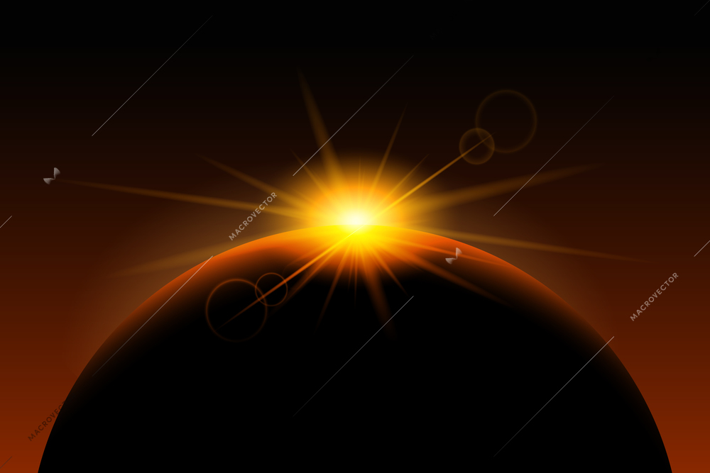 Colored sun planet in space composition with abstract sunrise in black space vector illustration