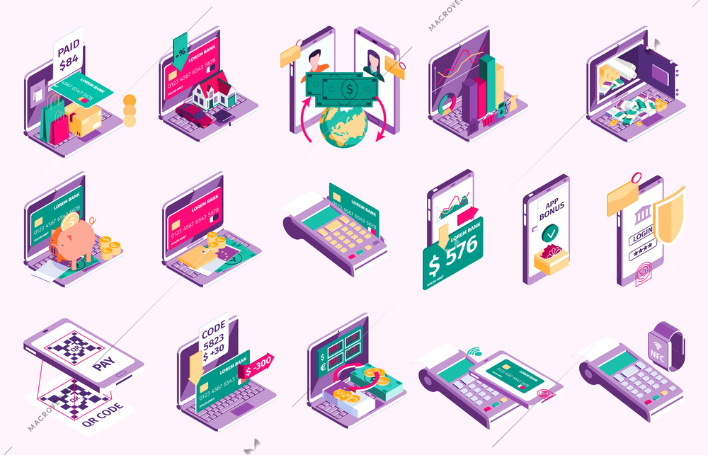 Online banking set with shopping and payment symbols isometric isolated vector illustration