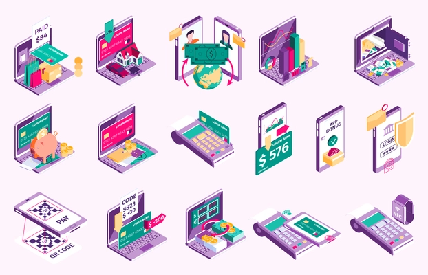 Online banking set with shopping and payment symbols isometric isolated vector illustration