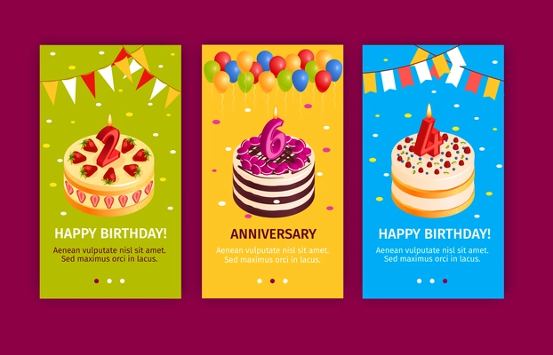 Birthday cake vertical banners set with anniversary symbols isometric isolated vector illustration
