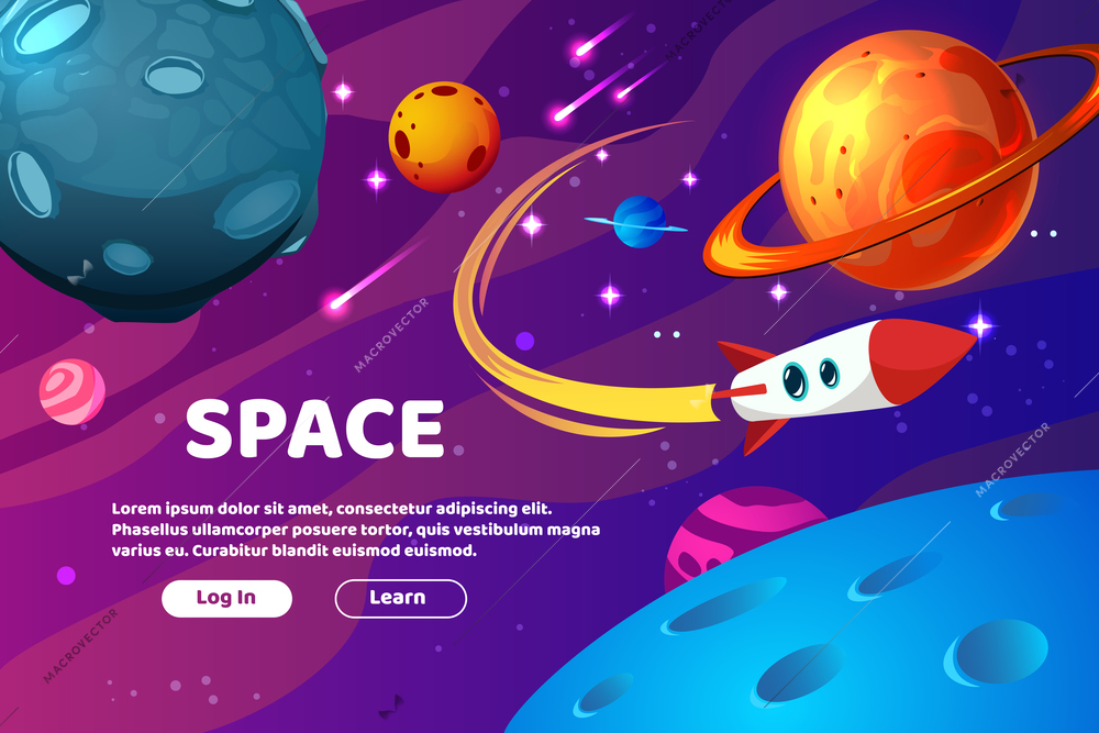 Planet space cartoon background composition with space headline login and learn buttons vector illustration