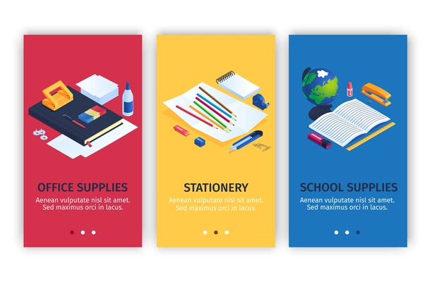 Office and school stationery vertical banners set with supplies symbols isometric isolated vector illustration