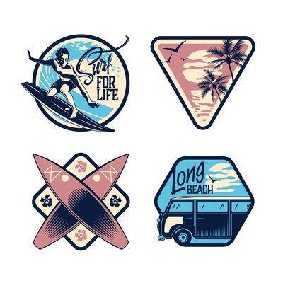 Surfing lifestyle 2x2 hand drawn emblems set in retro style with young surfer riding surfboard and sea beach images isolated vector illustration