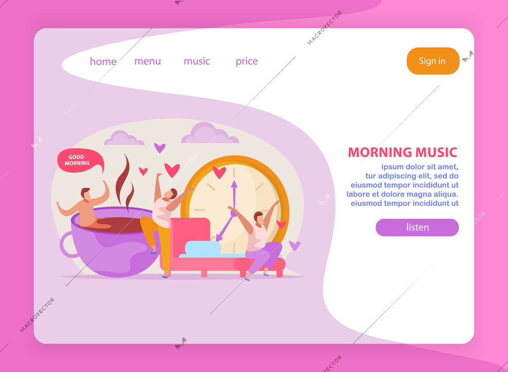 Morning people flat composition with web page background clickable links buttons and doodle images human characters vector illustration