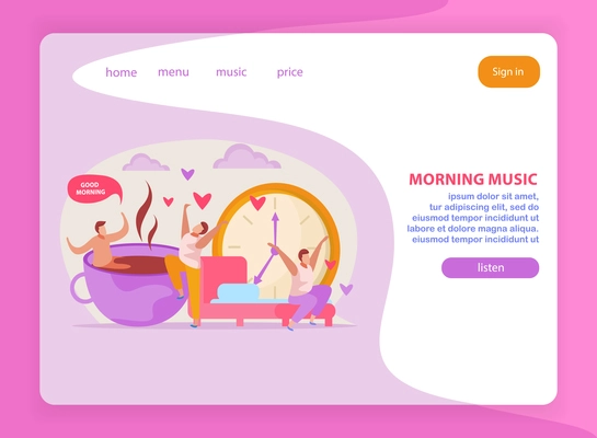 Morning people flat composition with web page background clickable links buttons and doodle images human characters vector illustration