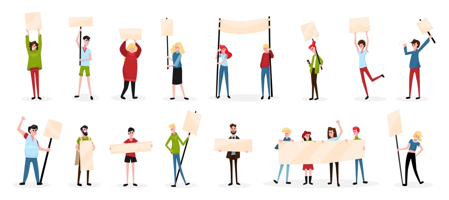 Protesting people activist sign board set with isolated characters of protesters with empty placards and shadows vector illustration
