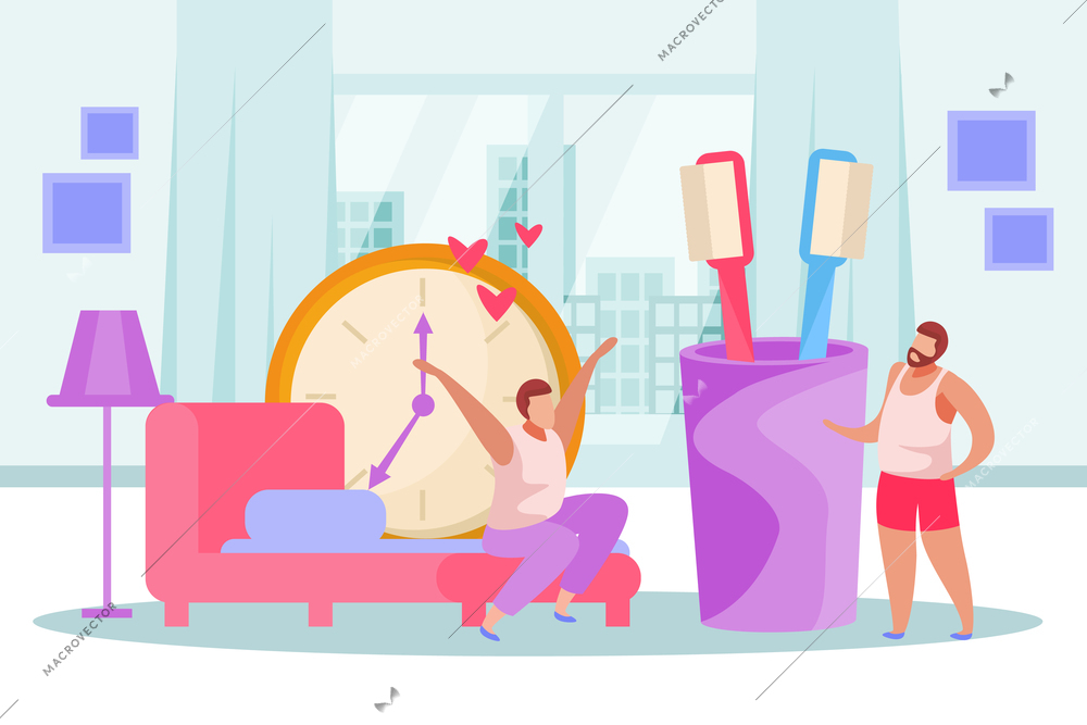 Morning people flat composition with indoor scenery and big doodle images of alarm and tooth brushes vector illustration