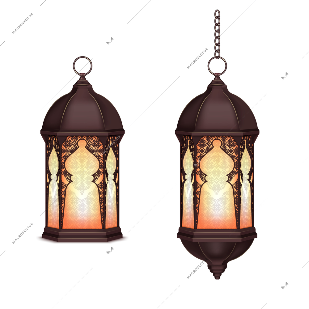 Ramadan lantern realistic set with two isolated images of lanterns with chains on blank background vector illustration