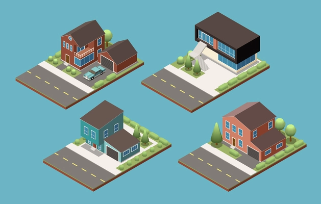 Four various project of suburban private two floors cottage with annex for garage isometric vector illustration