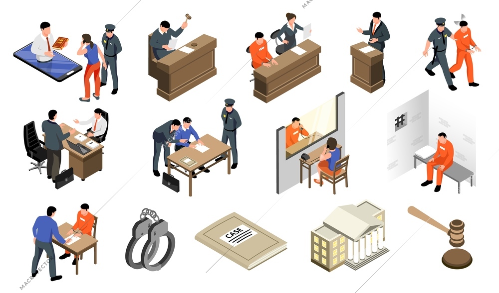 Isometric lawyer law prison set of isolated icons with characters of attorneys policemen and imprisoned persons vector illustration