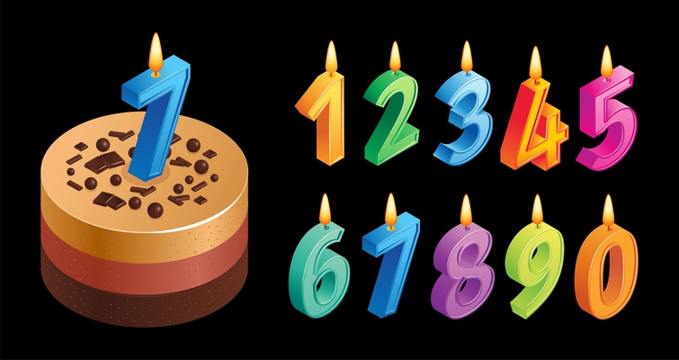 Anniversary cake concept with candles and cream isometric isolated vector illustration