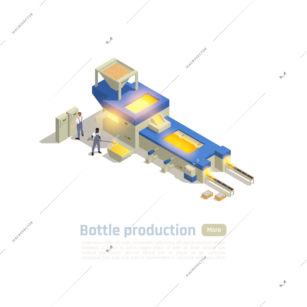 Glass container factory hot end automated production line operators isometric composition with furnace batch processing vector illustration