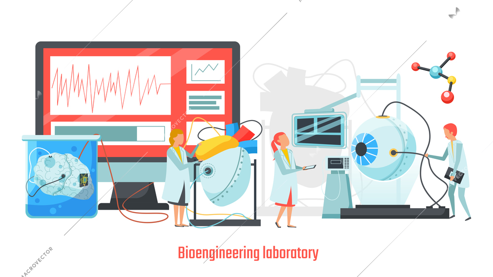 Future technology flat composition with scientists characters and hi tech devices artificial human brains and eyes vector illustration