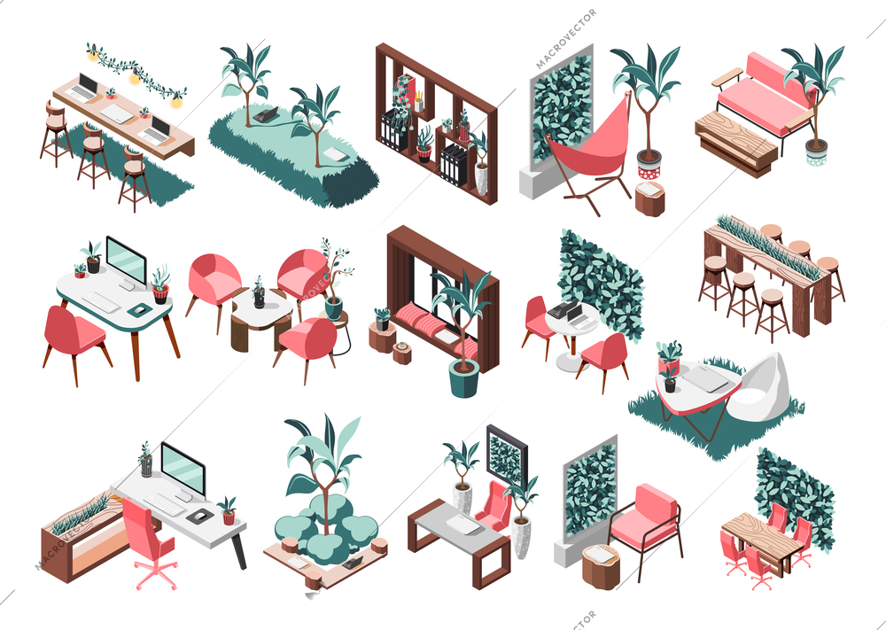 Green office isometric recolor icon set with ecological furnish and indoor plant vector illustration
