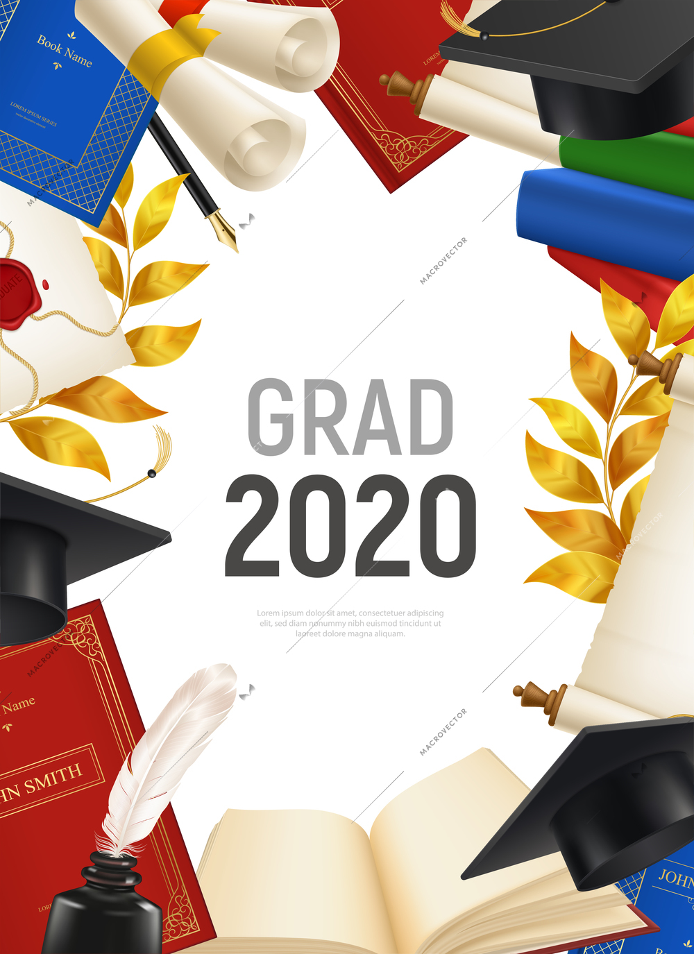 Realistic frame with graduate certificate diploma books caps stationary laurel on white background vector illustration