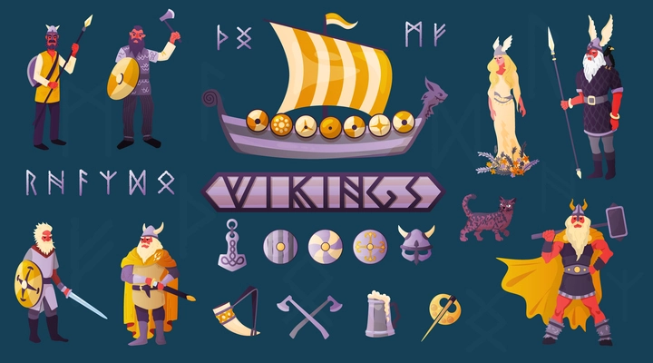 Vikings flat colorful elements set with longship weapon shield armor costume horned helmet domesticated cat vector illustration