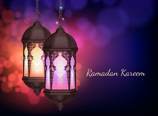Ramadan kareem lantern hanging on chains composition with realistic images editable text and colourful blurry background vector illustration