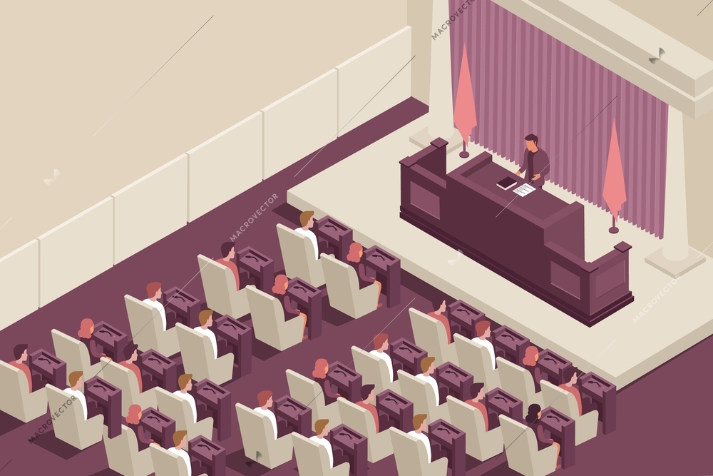 Parliament government isometric composition with parliament chamber indoor scenery with elected officials and spokesman with text vector illustration