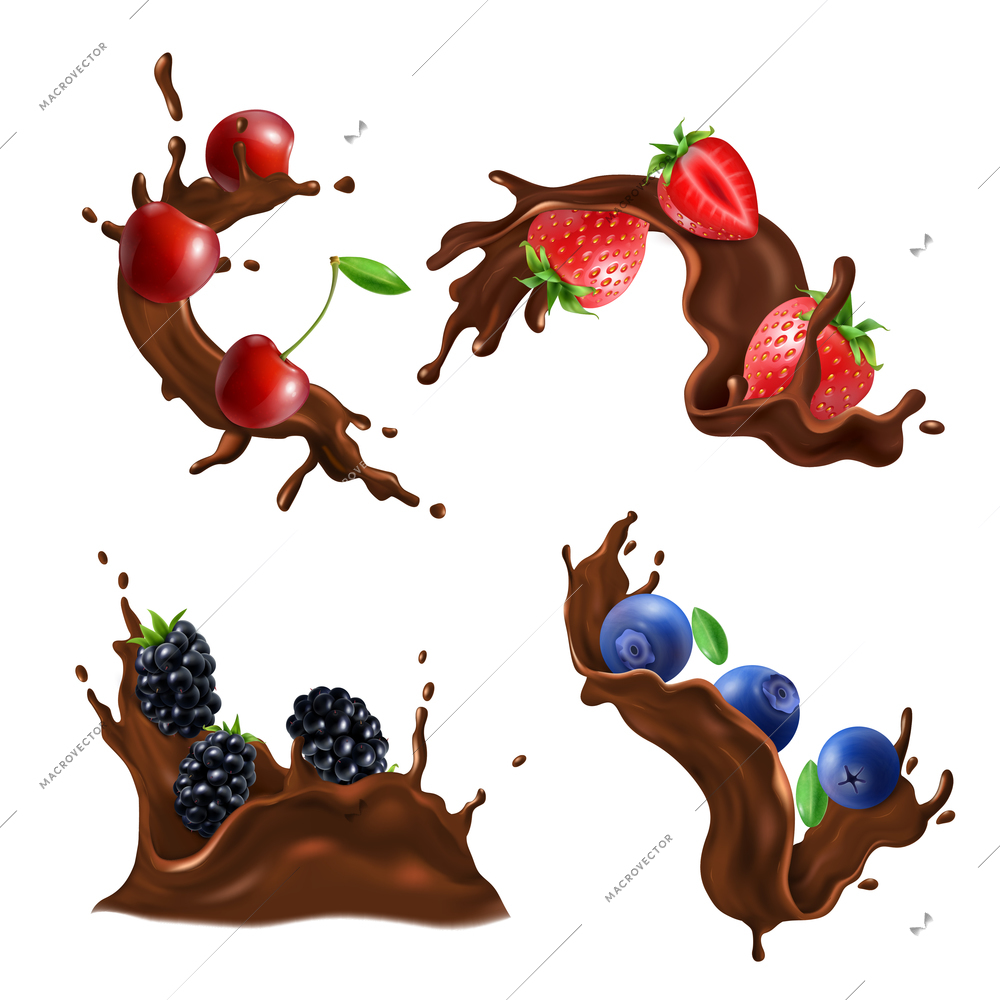 Chocolate splash swirl and drop realistic set with berries isolated vector illustration