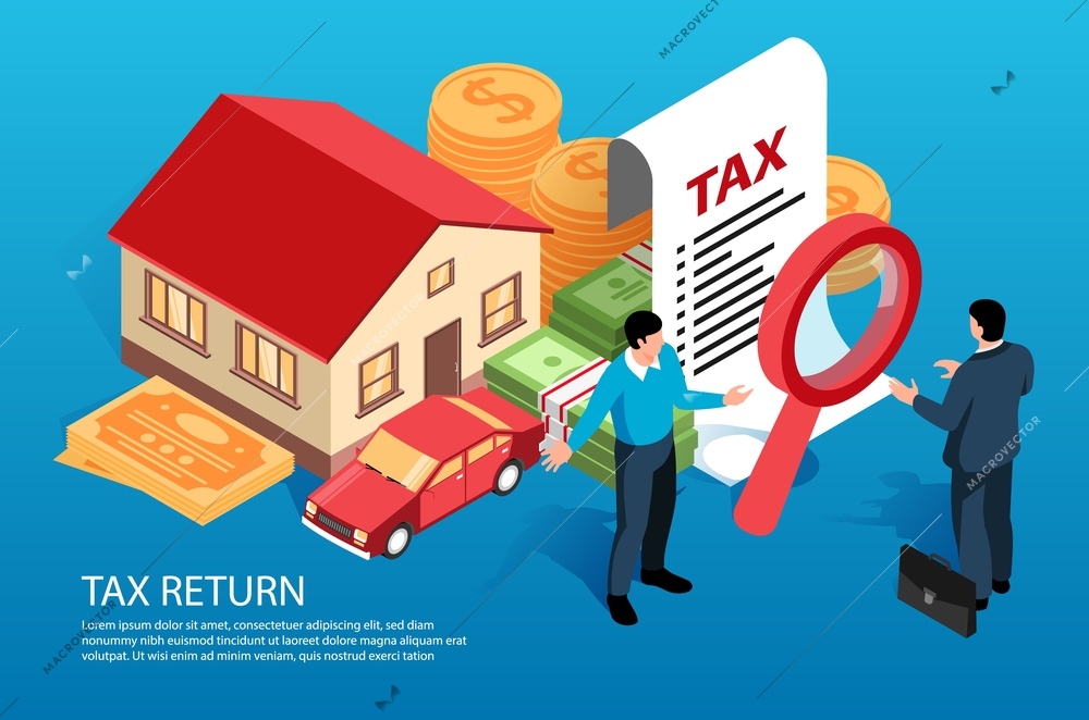 Tax authority examines business house automobile owner income statement with big magnifying glass isometric composition vector illustration