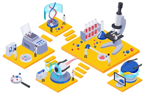 Future technology isometric rooms composition with characters of scientists test tubes and laboratory equipment on platforms vector illustration