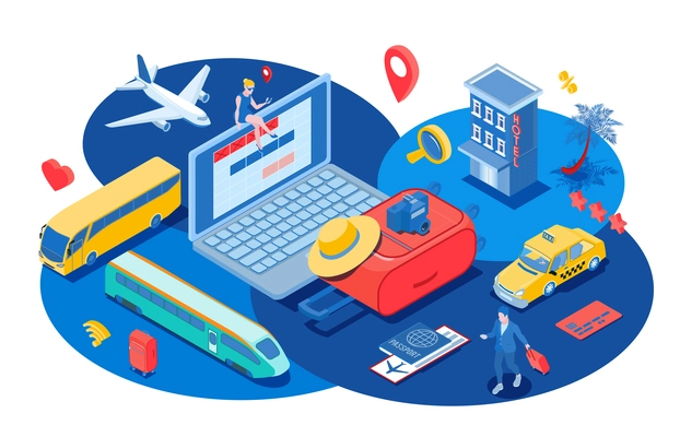 Booking isometric vector illustration with laptop ticket passport taxi car hotel ground and air passenger transportation isometric icons