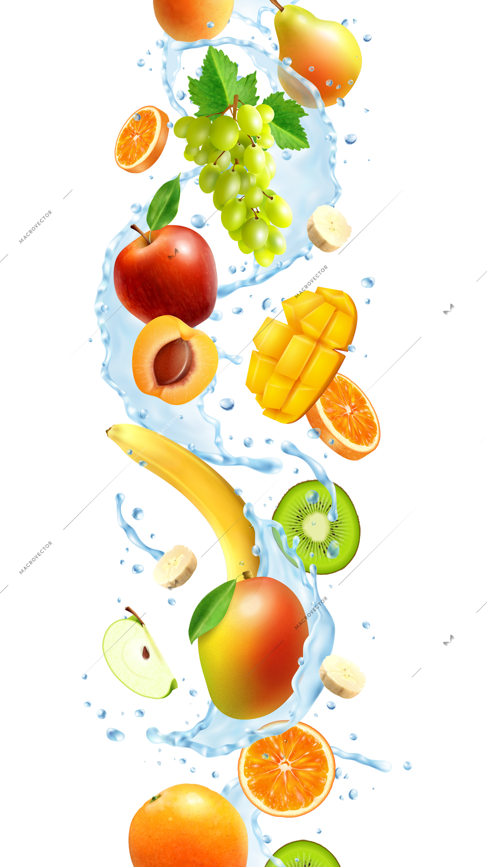 Realistic whole and sliced fruits in splash of water on white background vector illustration