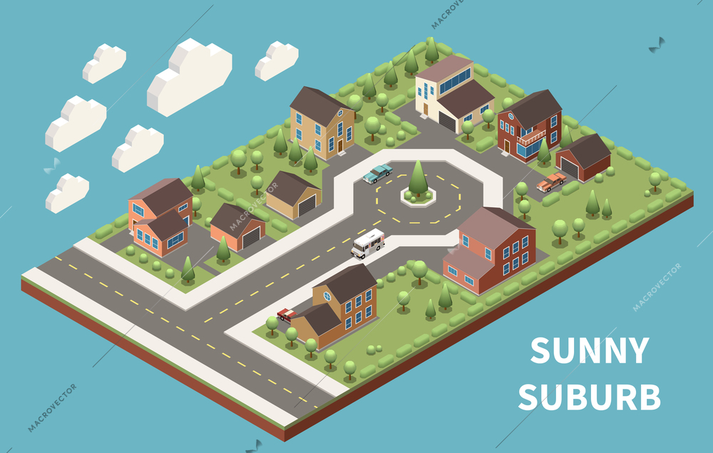 Sunny suburb isometric background  illustrated green suburban neighborhood with good roads and modern buildings vector illustration