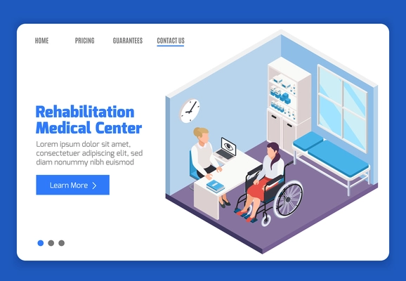 Disabled woman on wheelchair consulting doctor at medical center isometric banner 3d vector illustration