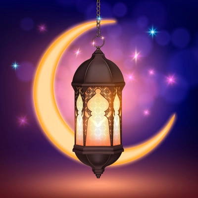 Ramadan kareem lantern moon realistic composition with colourful sky blurry background stars and crescent moon vector illustration