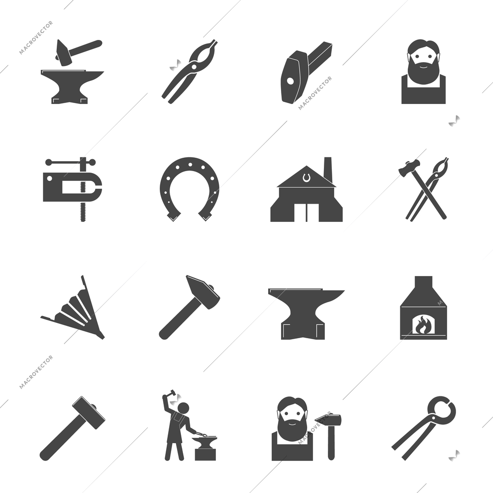 Decorative blacksmith shop anvil vise tools graphic icons set isolated vector illustration