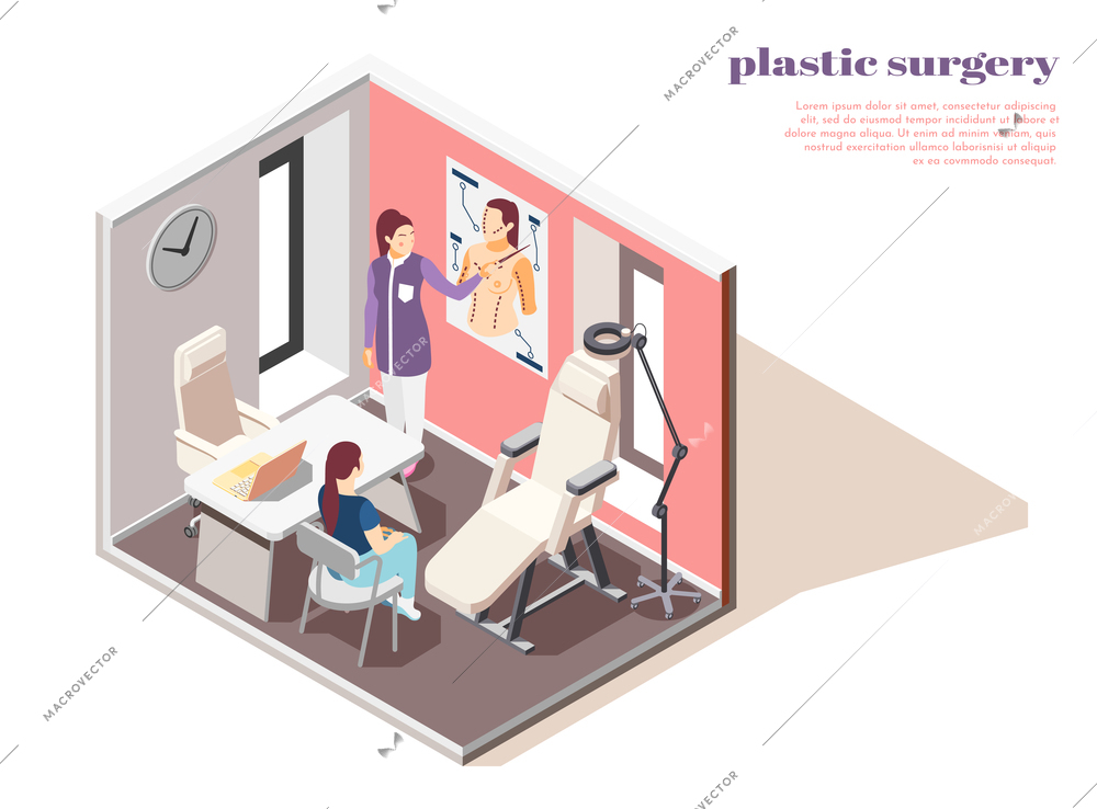 Isometric composition with woman consulting plastic surgeon 3d vector illustration