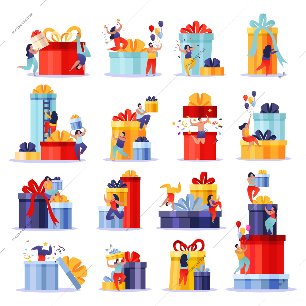 People with gifts flat collection of isolated doodle compositions with human characters climbing up gift boxes vector illustration