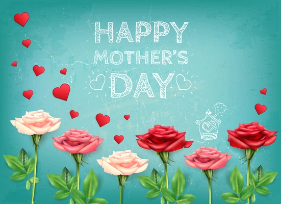 Mothers day composition with chalkboard style text on abstract background with heart shapes and rose flowers vector illustration