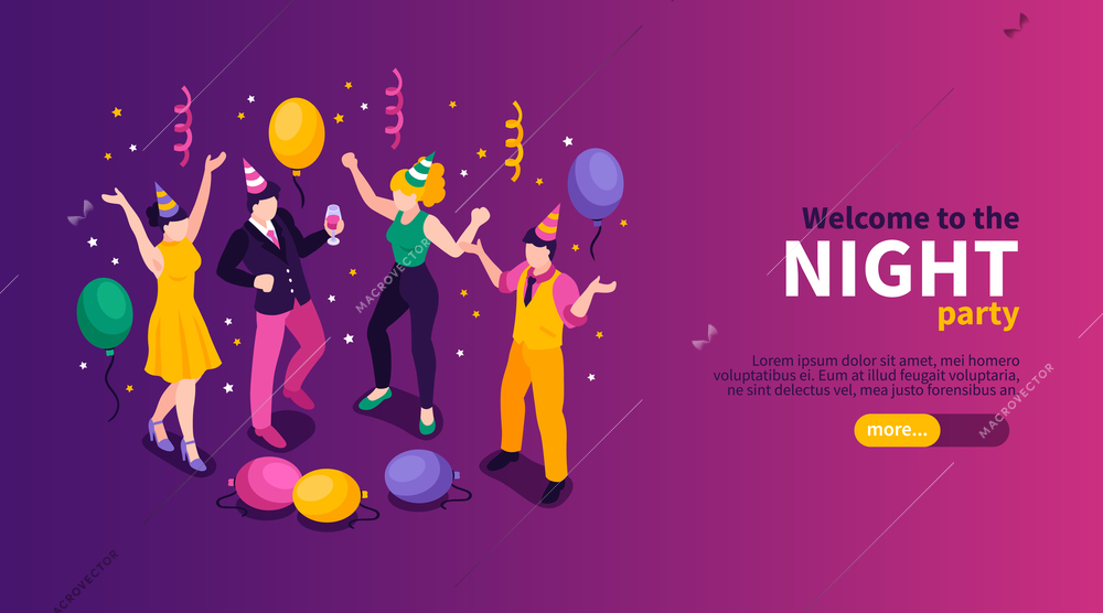 Isometric firework celebrating horizontal banner with editable text slider button and characters of festive party people vector illustration