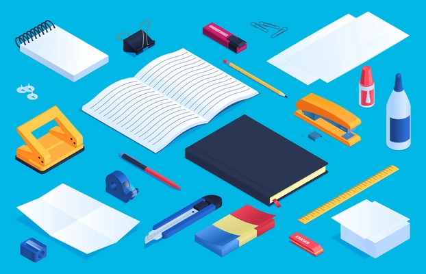 Office and school stationery elements set with glue sharpener and eraser  isometric isolated vector illustration